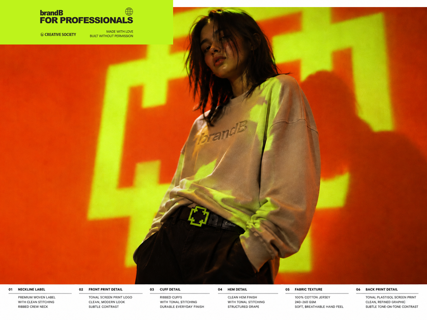 BrandB cream crewneck with green and orange projection